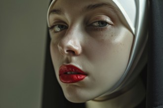 Face of young woman with red lipstick and christian nun habit with veil. Generative Ai, AI