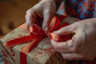 Close up of hands tying ribbon around christmas gift. Generative AI, AI generated