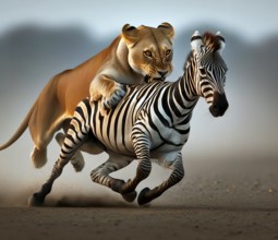 A lion, a lioness, chases a zebra, attacks it while jumping and bites into it, AI generated, AI