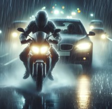 A motorcyclist rides in front of a car with headlights switched on in the rain in the dark,