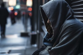 Homeless beggar with hood in street. KI generiert, generiert AI generated