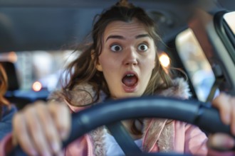 A young woman sits in a car and looks surprised, startled, symbolic image, distraction in road