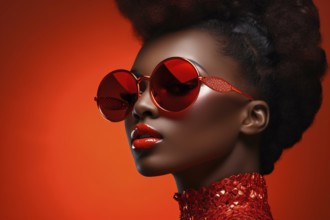 Black african american woman with sunglasses on red background. KI generiert, generiert, AI