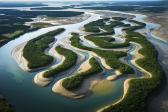 Aerial view of a meandering river winding through a nordic landscape, AI generated