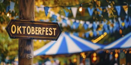 Banner with sign with text 'Oktoberfest' at traditional Bavarian German festival. Generative AI, AI