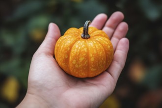 Hand holding small orange pumpkin. Genertaive Ai, AI generated