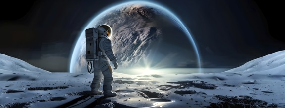 An astronaut stands on a lunar-like surface gazing at an immense planet rising, AI generated