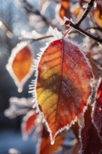 Detailed close-up of frost patterns on colored autumn leaves, AI generated