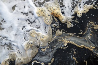 Top view of black oil in ocean water with sea foam. Generative AI, AI generated