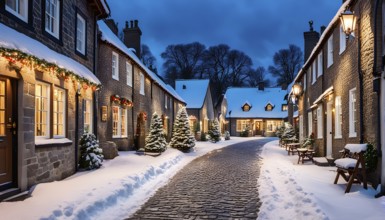 Snow-covered village street at dusk with glowing Christmas lights, AI generated