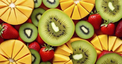 Colorful and artfully arranged slices of fruits like mangoes, strawberries, and kiwi, AI generated