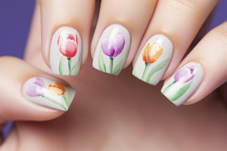 Nail art deisgn with colorful tulip spring flowers. KI generiert, generiert AI generated