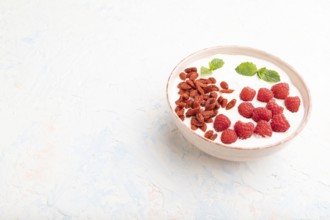 Yogurt with raspberry and goji berries in ceramic bowl on white concrete background. Side view,