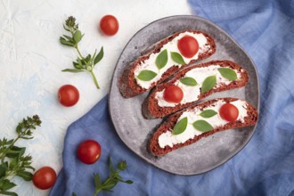 Red beet bread sandwiches with cream cheese and tomatoes on white concrete background and blue