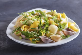 Conchiglie colored pasta with fresh greengrocery on black wooden background. close up, selective