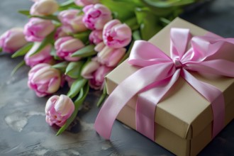 Gift Box with Pink Ribbon Beside bouquet of Fresh Tulips. Background for Valentine day, March 8,