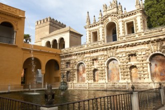 Estanque del Mercurio, in the gardens of the Alcazar palaces, Seville, Spain, Europe