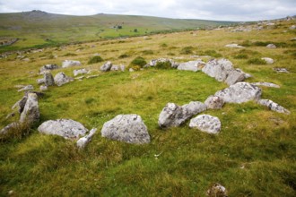 Stone hut circle at the Merrivale ceremonial complex Dartmoor national park, Devon, England, UK