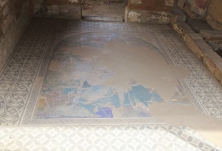 Cosmology mosaic at Casa del Mitreo Roman villa site, Merida, Extremadura, Spain, Europe