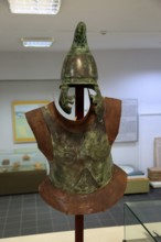 Helmet and armour of a Thracian soldier on display in Kazanlak museum, Bulgaria, Europe