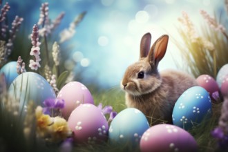 Cute Easter bunny sits beside colorful, decorated eggs amidst a vibrant green field under the