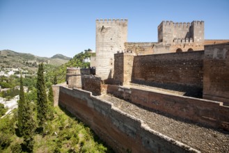 Fortified walls of the Alcazaba castle in the Alhambra complex, Granada, Spain, Europe