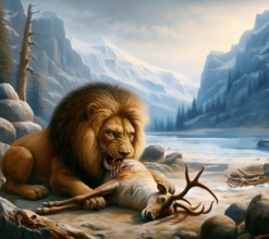 Prehistory, prehistory, an extinct cave lion with its prey, a hunted reindeer, AI generated, AI