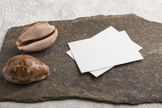 White paper business card, mockup with natural stone and seashell on gray concrete background.