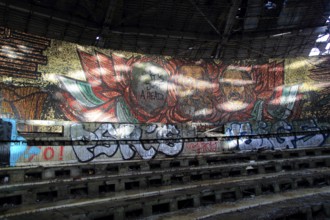 Ruined vandalised interior of Buzludzha monument former communist party headquarters, Bulgaria,