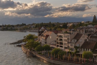 Cityscape, waterfront promenade, marina, evening light, Friedrichshafen on Lake Constance