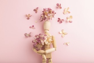 Wooden mannequin holding hydrangea flowers on pink pastel background. copy space, isolated, spring,