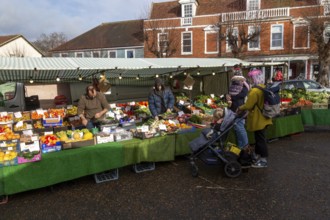 Market stall in town centre selling fruit and vegetables, greengrocer, Framlingham, Suffolk,