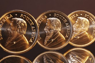 Close-up of Krugerrand gold coins