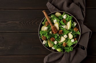 Keto Salad, pear with blue cheese and walnut, selective focus, no people, close-up