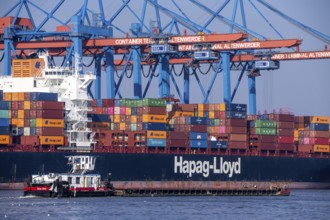 Container Terminal Altenwerder, Hapag-Lloyd container ship Frankfurt Express during loading and