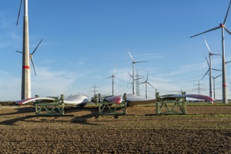 Wind farm near Bad Wünnenberg, construction site, storage area for a new wind turbine, components