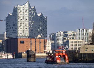 Excursion boat, Hadag harbour ferry, St. Pauli, on the Elbe, skyline, Elbe Philharmonic Hall,