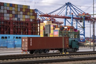 Port of Hamburg, Waltershofer Hafen, container ships, lorries bring and collect freight containers