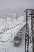 Onset of winter with lots of fresh snow and temperatures below -5 degrees during the day, railway