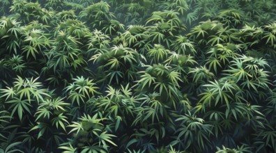 A field of green marijuana hemp plants. Concept of health and medicine usage and cultivation, AI