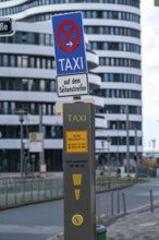 Taxi stop, call pillar, modern office building in the Media Harbour on the Rhine, Düsseldorf, North