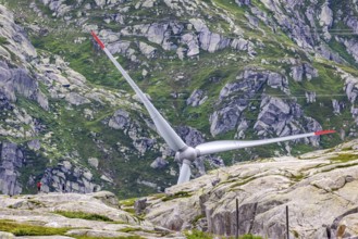 Gotthard Pass. Pass summit with wind turbine, wind power plant. Airolo, Canton Ticino, Switzerland,