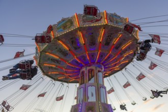 A colourfully illuminated carousel with swinging seats against an evening sky, wave flight, chain