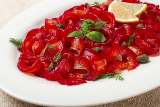 Salmon gravlax with beetroot, Scandinavian snack, beet gravlax, lightly salted fish, homemade, no