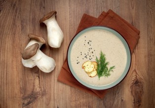 Mushroom cream soup, with dill and bruschetta, mushroom eringi