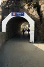 Welcome to Sark notice on tunnel Maseline harbour, Island of Sark, Channel Islands, Great Britain