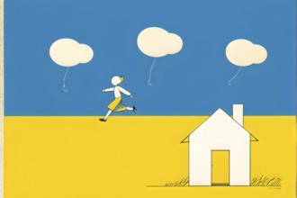 AI generated illustration of house in radiant yellow hues against an azure backdrop