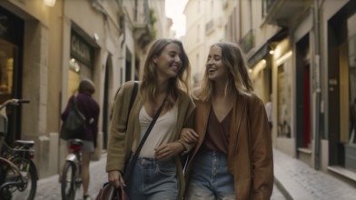 Two lesbian girlfriends walking along the streets of europe, generatvie AI, AI generated