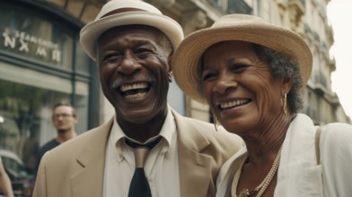 Happy elderly african american couple enjoying a walk along the european streets during thier