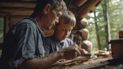 Young father and son work on a wood canoe project together at their cabin, generatvie AI, AI